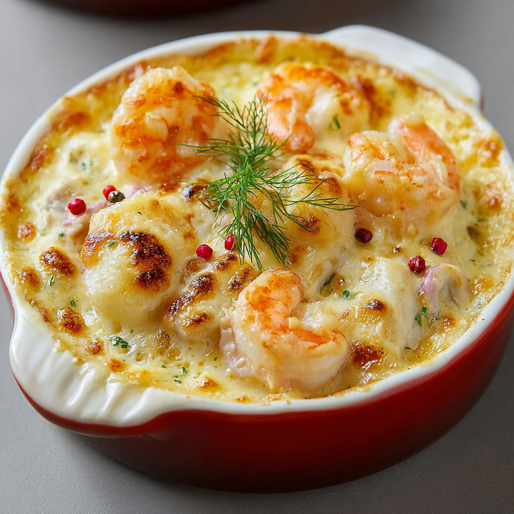 Cassolettes gratinées ultra dorées aux fruits de mer.