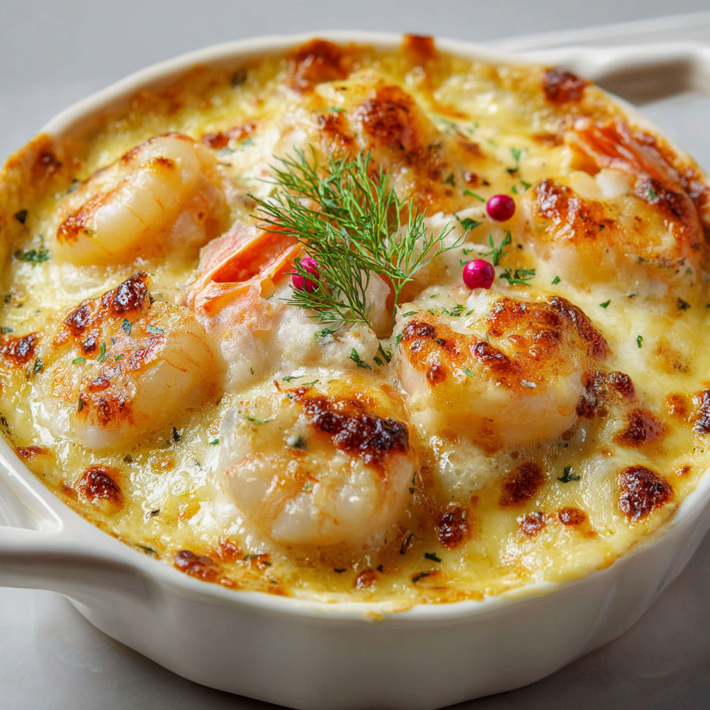 Gratin fondant Saint-Jacques, Crevettes et Cabillaud.