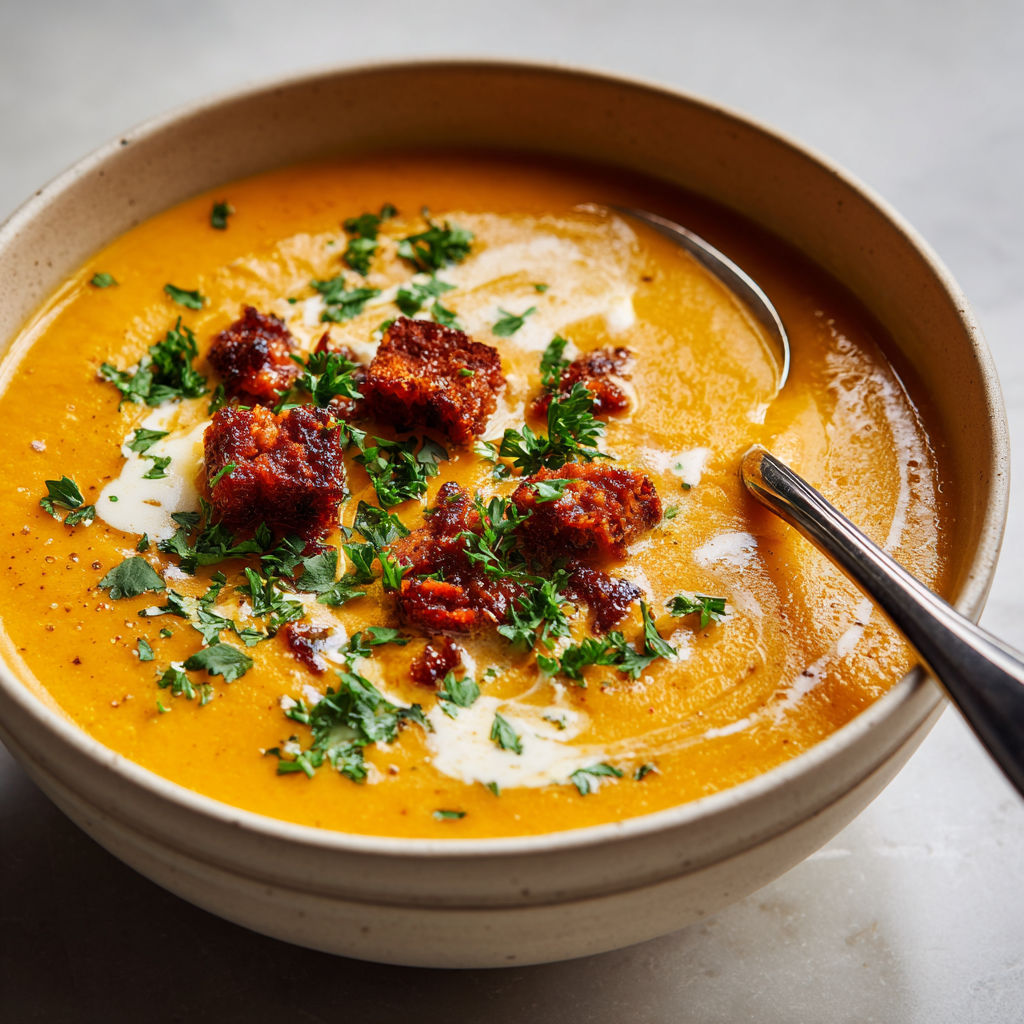 Velouté carottes patate douce au chorizo croustillant.