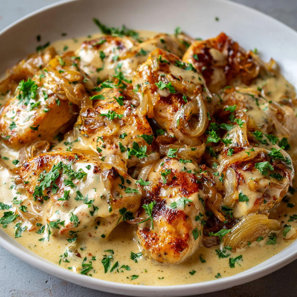 Une belle assiette d’aiguillettes de poulet à la bière et crème avec des verts et oignons.