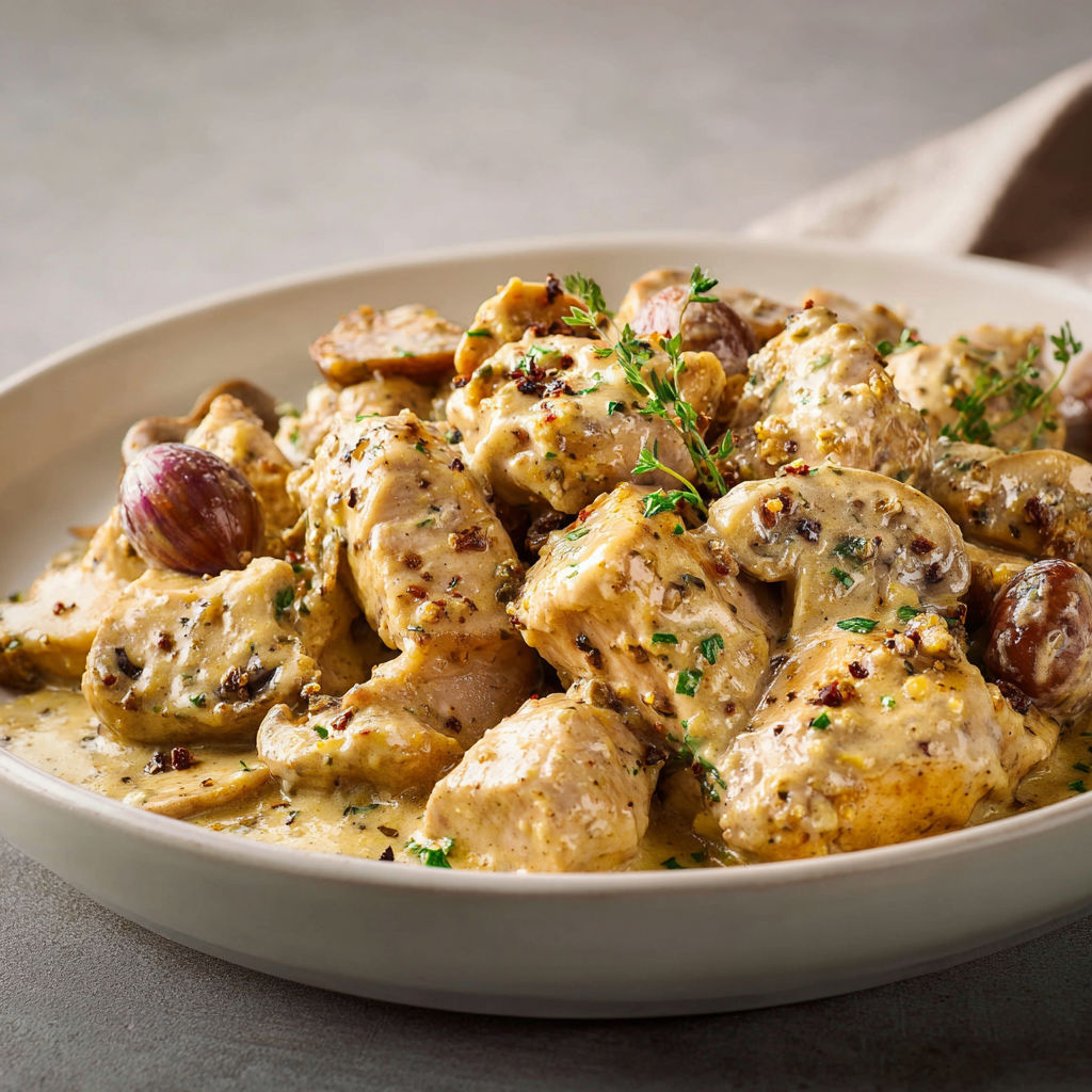 Dinde crémeuse et châtaignes à la moutarde à l’ancienne.