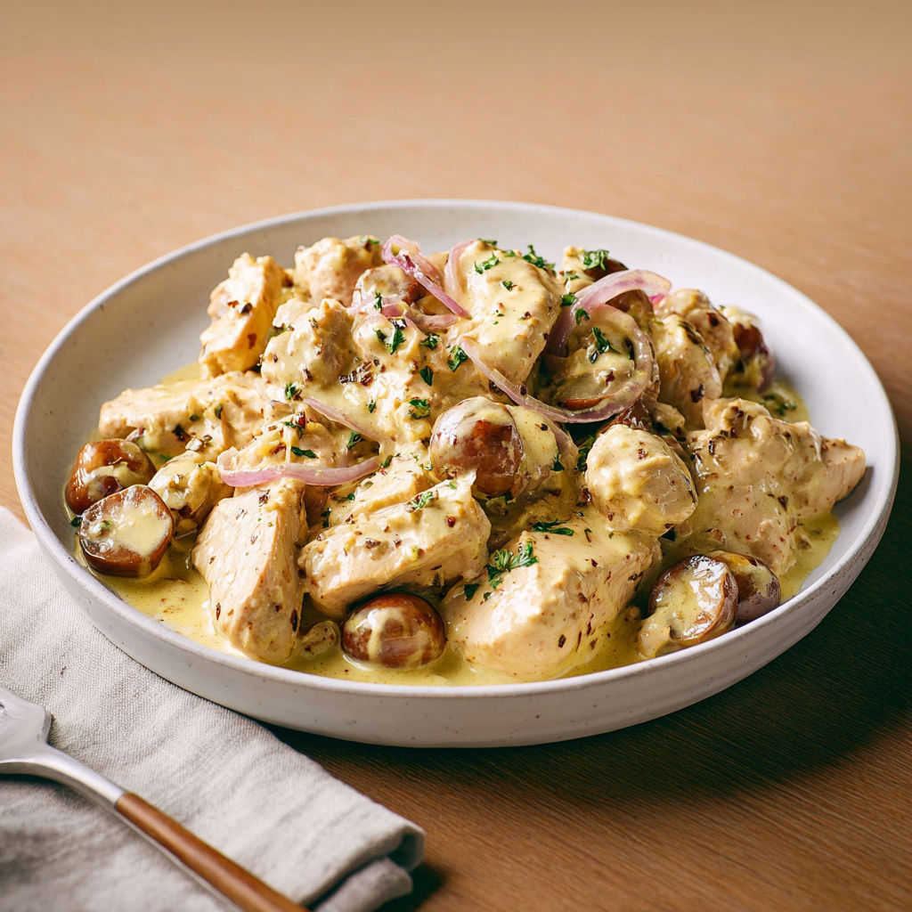 Délicieuse blanquette de dinde crémeuse aux châtaignes.