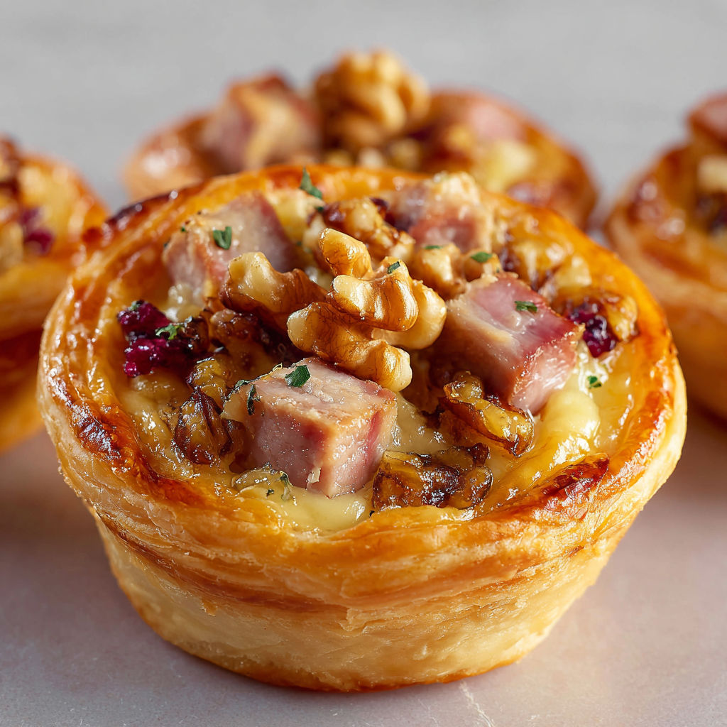 Bouchées de pâte feuilletée, magret fumé et confit d’oignons pour l’apéro.