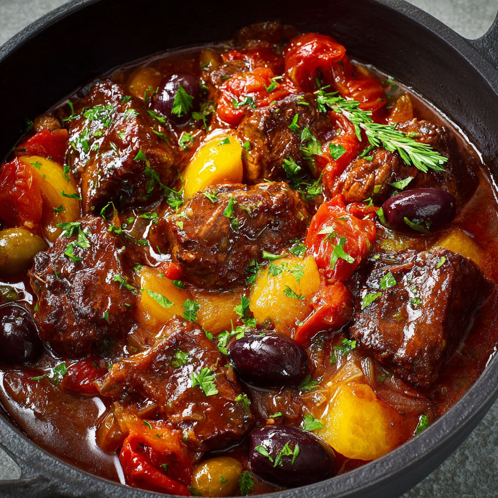 On voit une daube niçoise, bœuf mijoté servi bien chaud dans une cocotte noire.