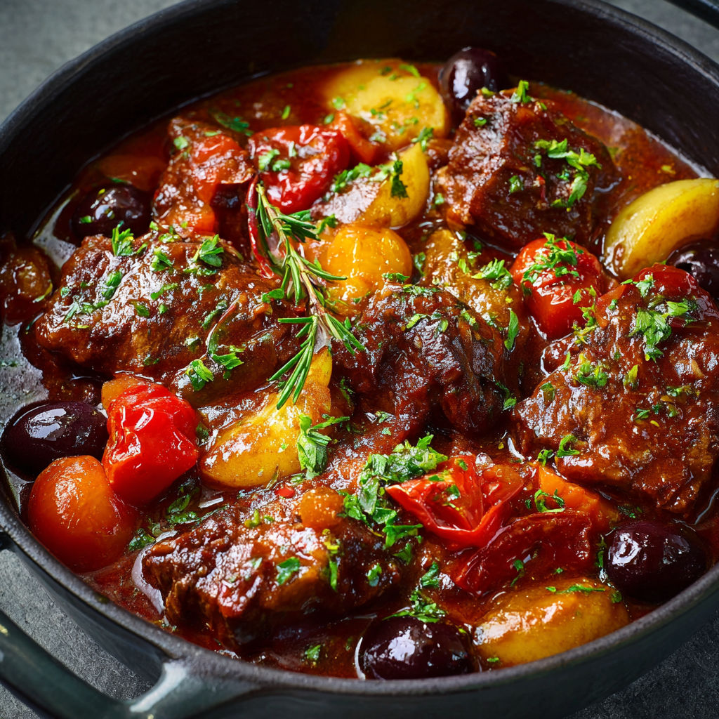 Bœuf façon niçoise, olives et pointe de chocolat.