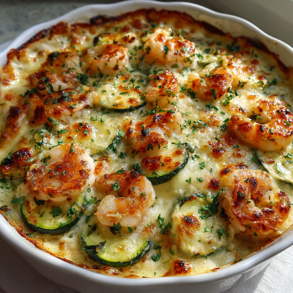 Une cocotte de courgettes, crevettes et fromage gratiné à l'ail, servie dans un bol blanc.
