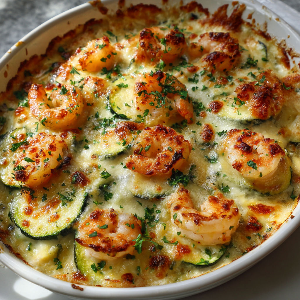 Gratin gourmand de courgettes et crevettes à l’ail.