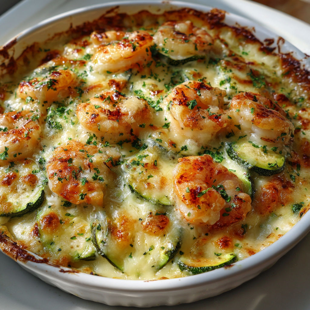 Courgettes fondantes et crevettes dorées sous un voile de fromage.