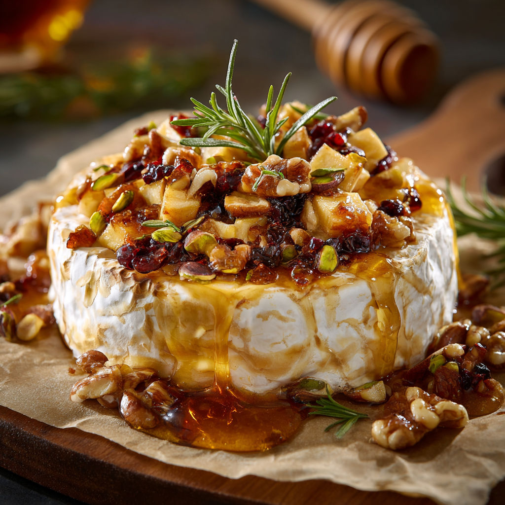 Brie crémeux tout chaud avec pommes et filet de sirop d’érable.