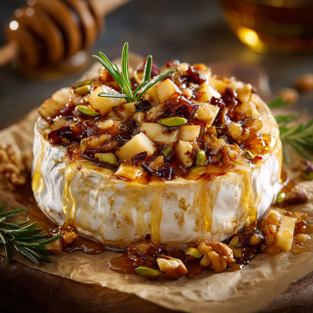 Brie chaud aux pommes dorées et brisures de noix.
