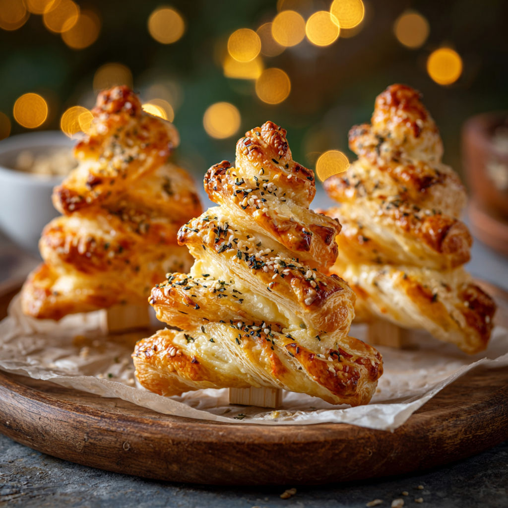 Une pâtisserie toute croustillante en forme de sapin, faite avec de la pâte feuilletée et une touche de cumin, posée sur un plateau.