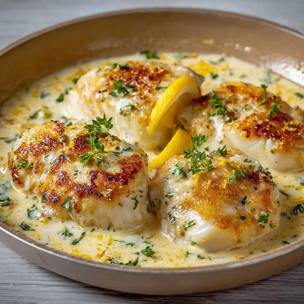 Plat tout simple de dos de cabillaud nappé de crème au parmesan et citron râpé.