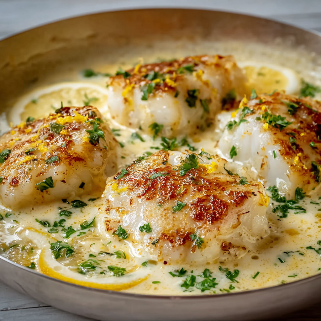Filet de cabillaud à la crème de parmesan et citron frais.