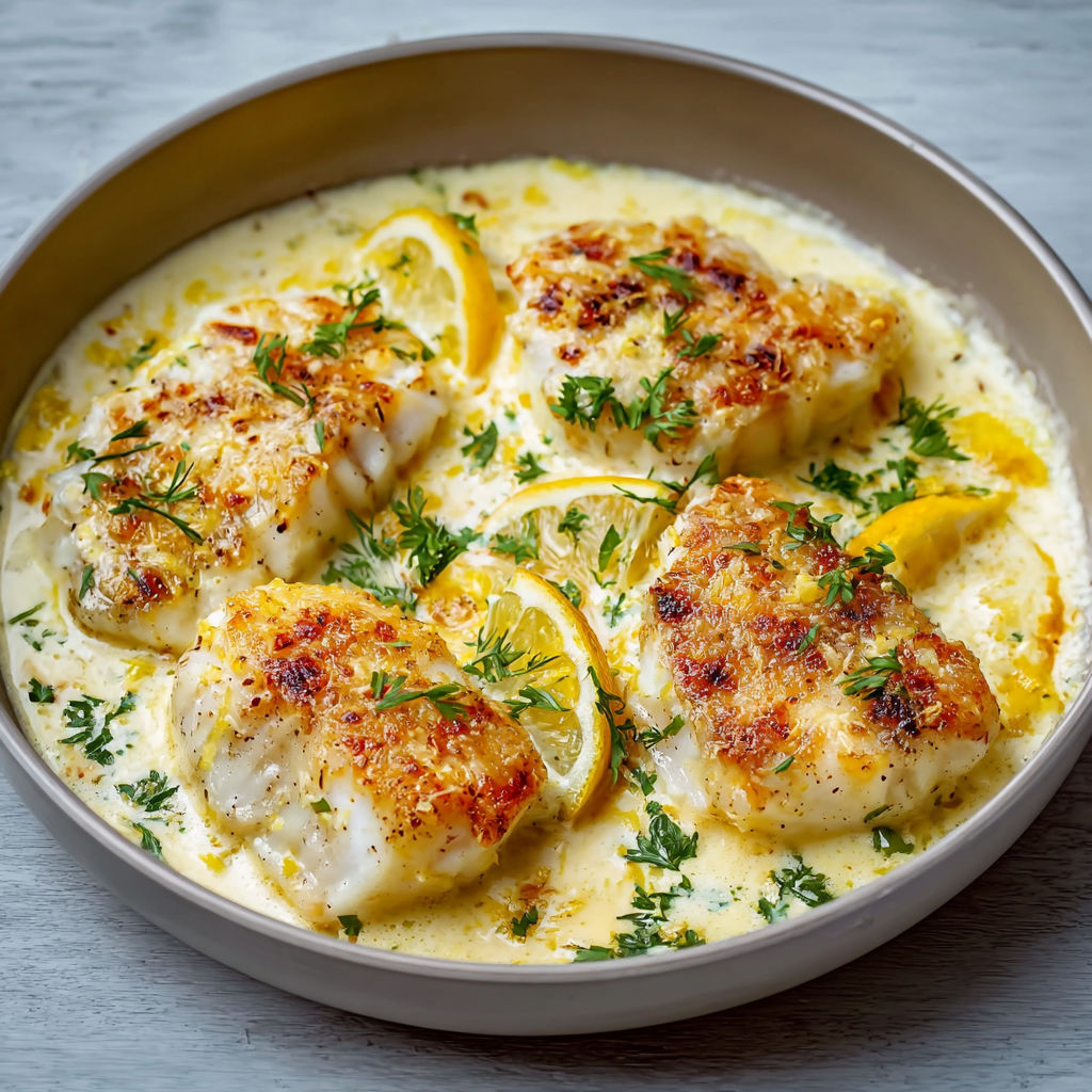Cabillaud ultra fondant nappé de crème au parmesan et citron.