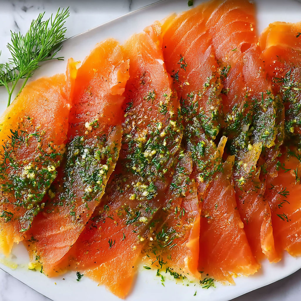 Délicieux saumon Gravlax maison avec aneth, citron frais et herbes, présenté avec une sauce gourmande.