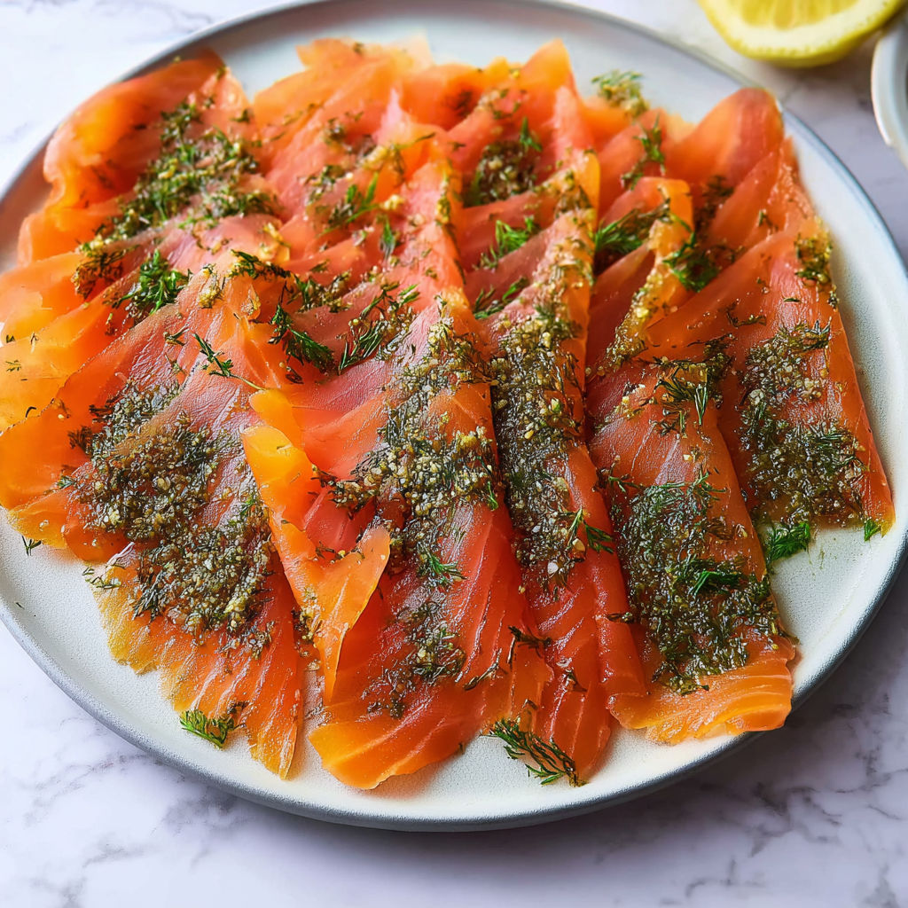 Saumon gravlax frais à l’aneth fait maison.