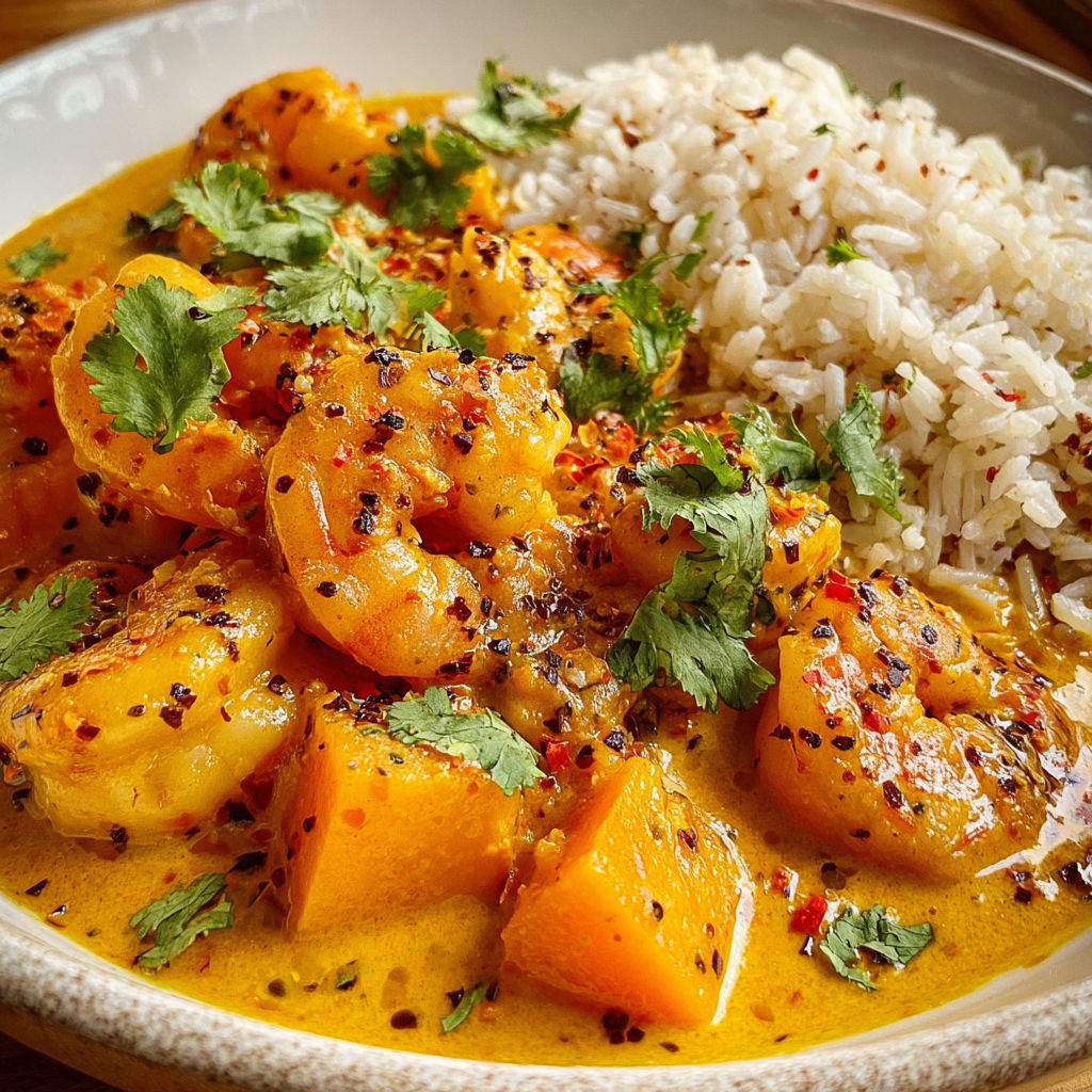 Curry onctueux de crevettes, butternut et lait de coco.