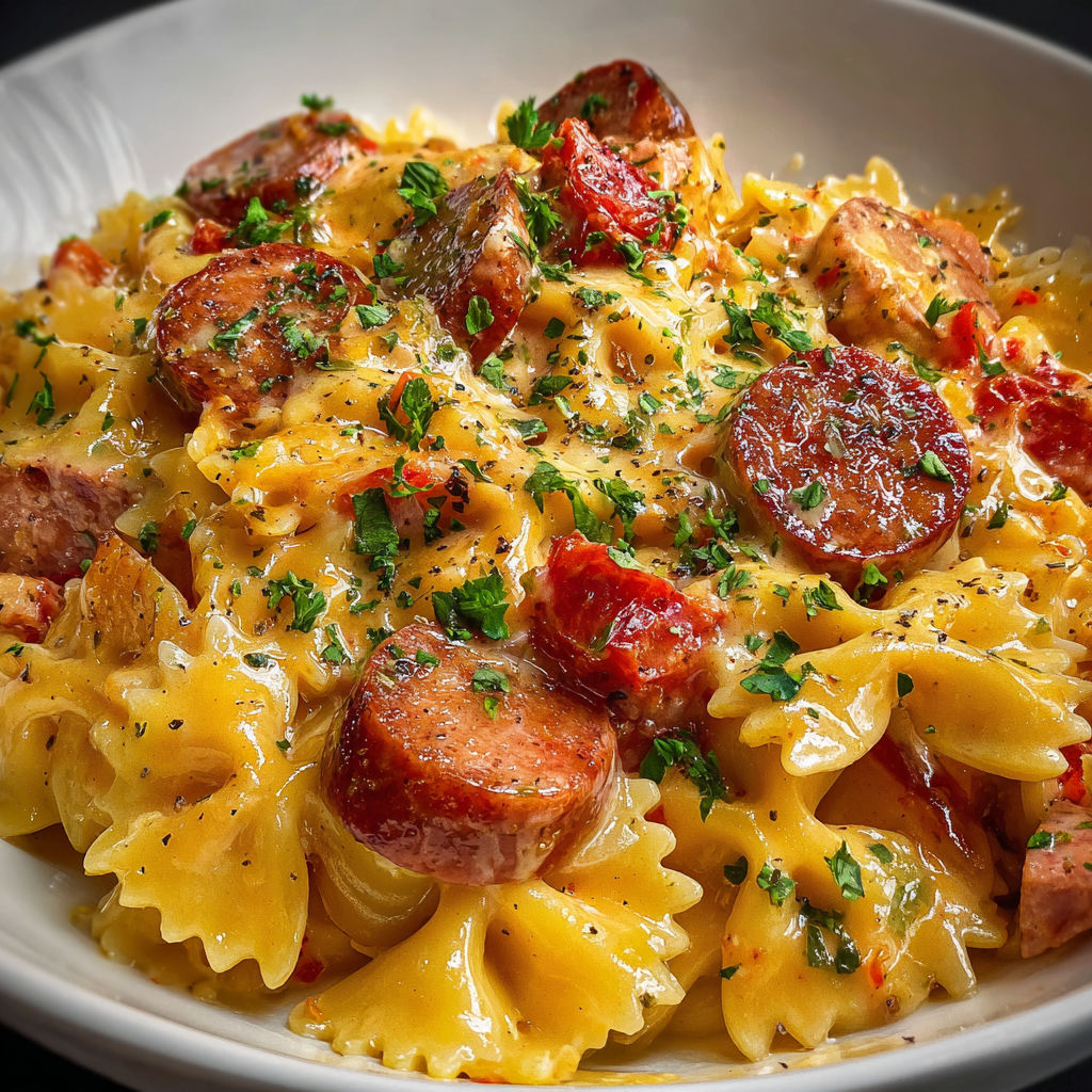 Des pâtes bien crémeuses à la saucisse fumée, servies dans un bol blanc.