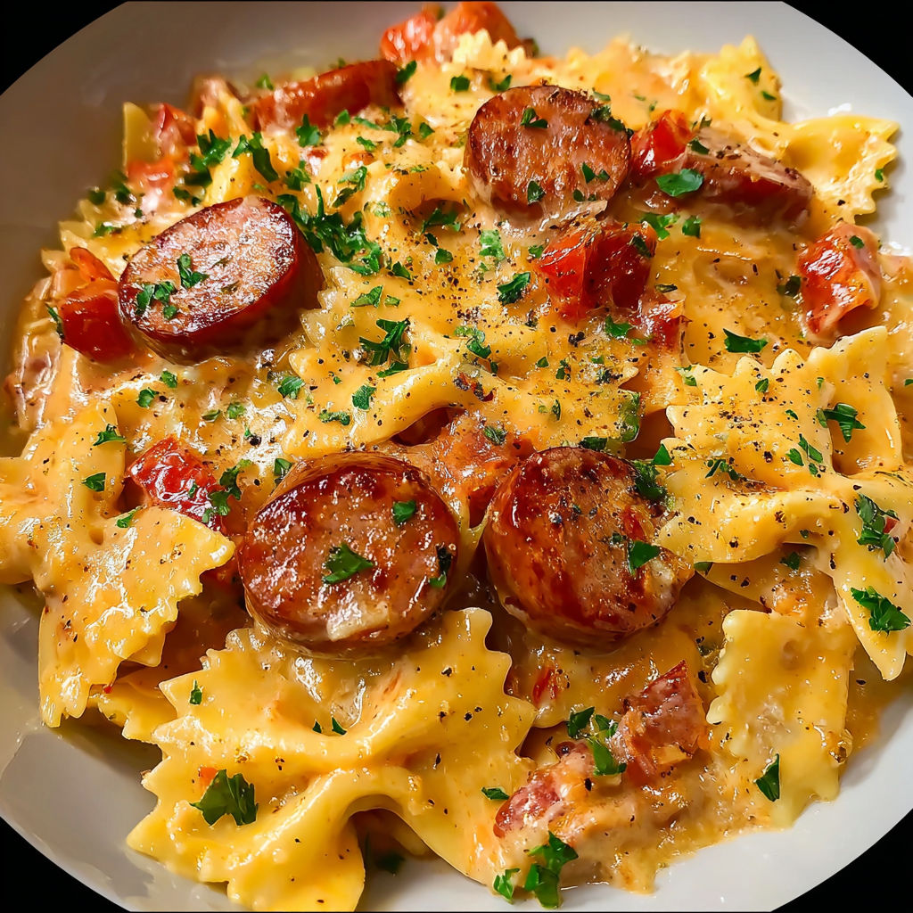 Pâtes fondantes et gratinées avec saucisse fumée et fromage.