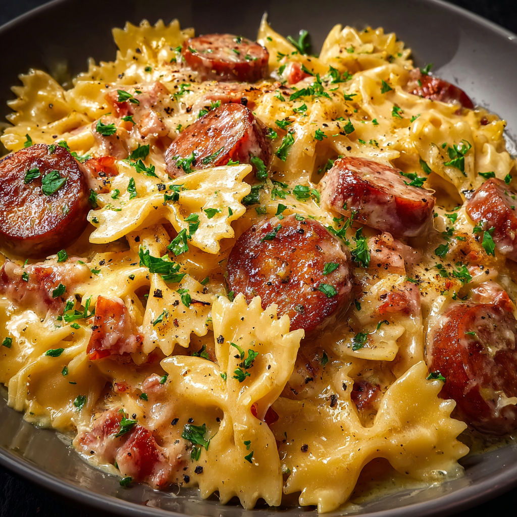 Farfalle bien crémeuses et dorées avec saucisse fumée.