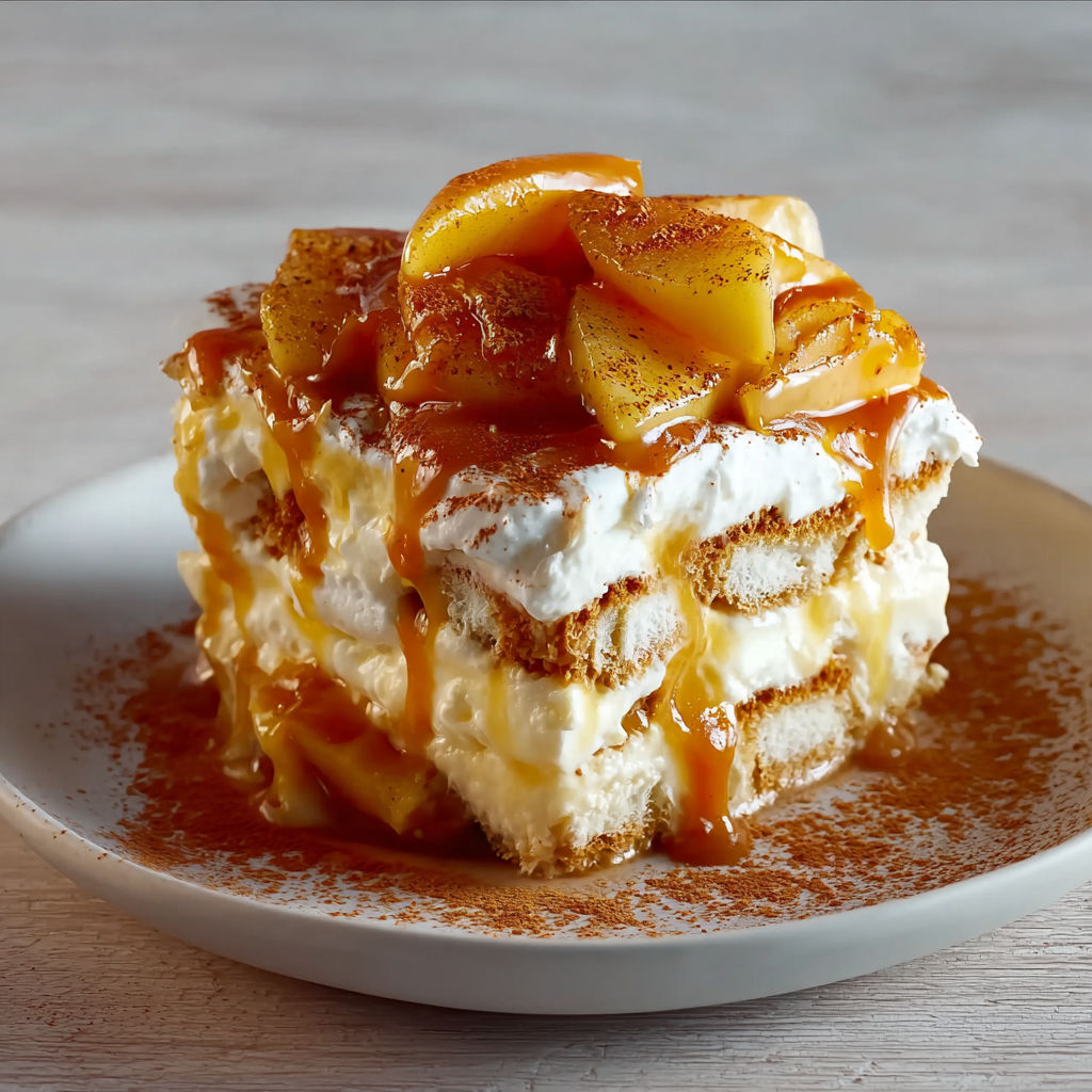 Tiramisu réconfortant aux pommes caramélisées et sauce caramel salé.