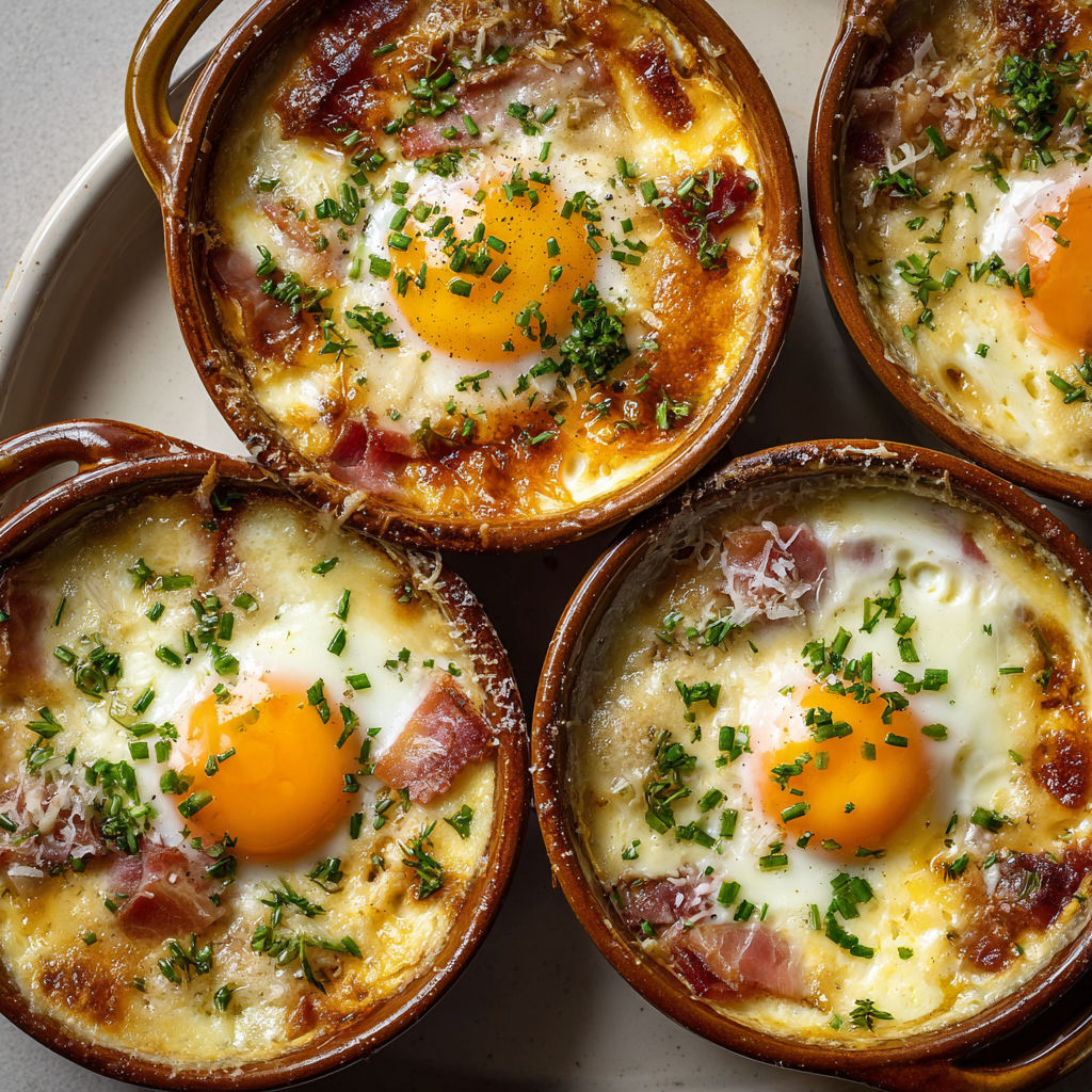 Quatre œufs cocottes campagnards façon Laurent Mariotte, servis joliment en ramequins.