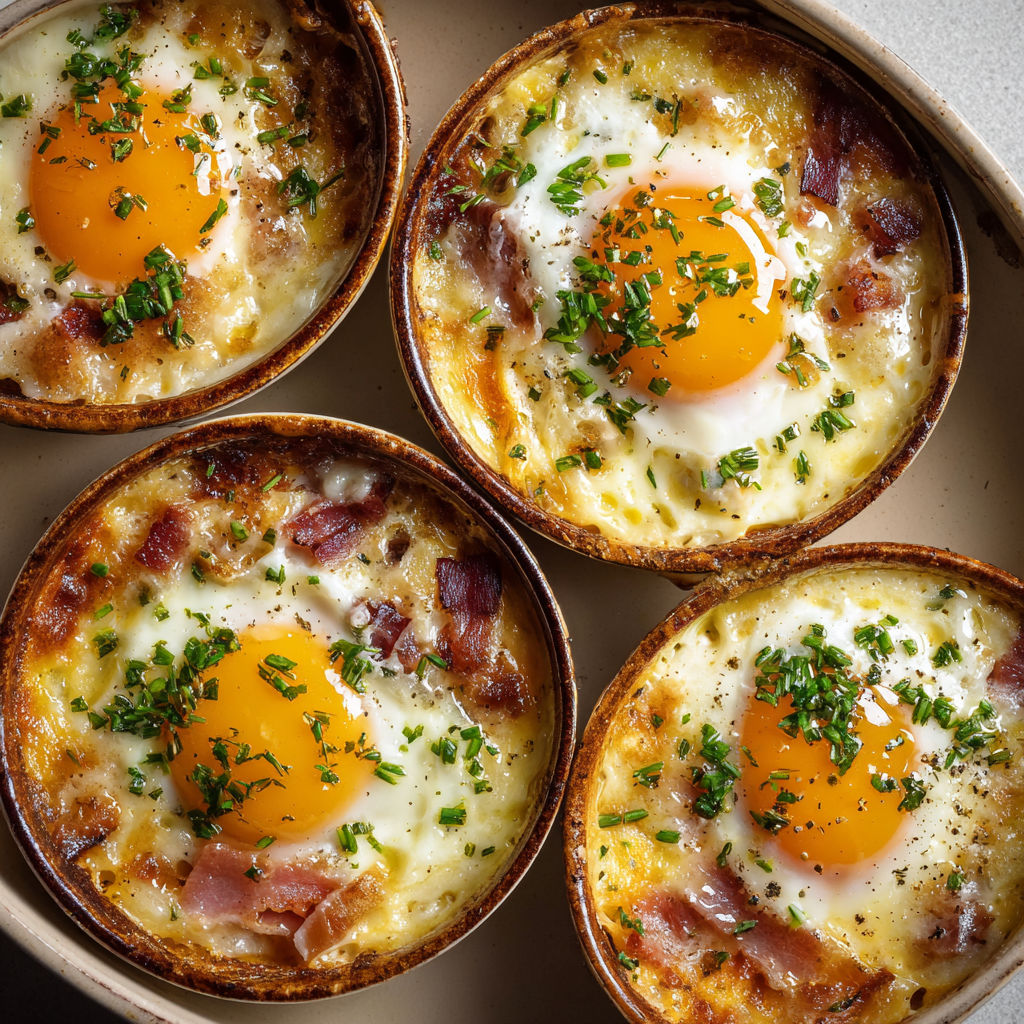 Quatre ramequins garnis d'œufs et de lardons prêts à déguster.