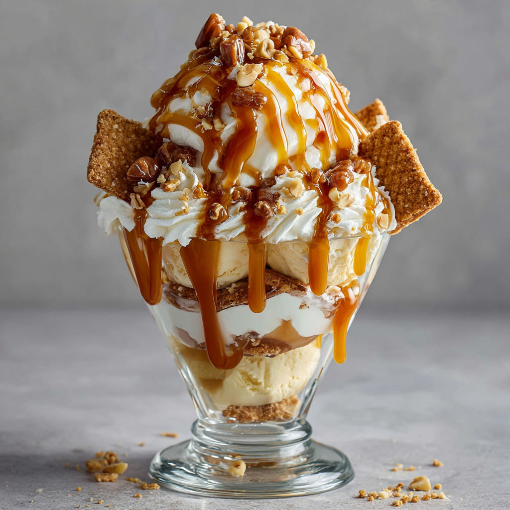 Un sundae caramel de Noël ultra gourmand avec noix croquantes et nappé de caramel, servi dans un joli verre.