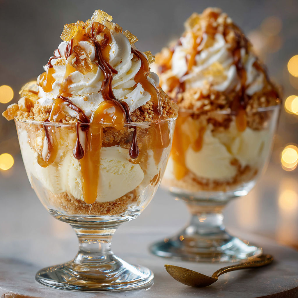 Superbe sundae de Noël au caramel beurre salé et éclats croquants.