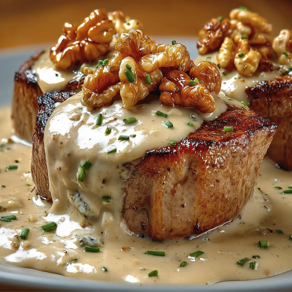 Filet mignon bien tendre nappé d’une sauce crémeuse au roquefort.