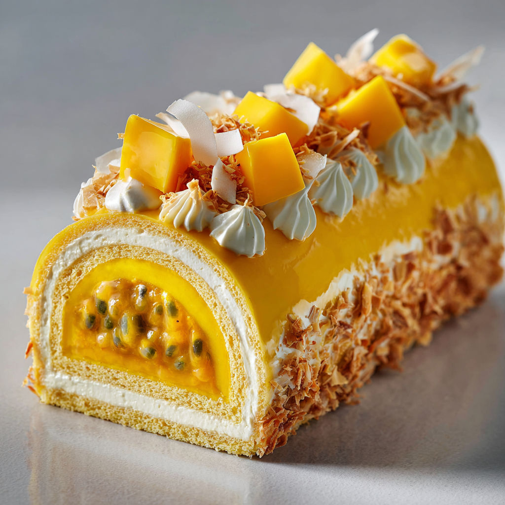 Bûche douce et tropicale à la mangue et passion.
