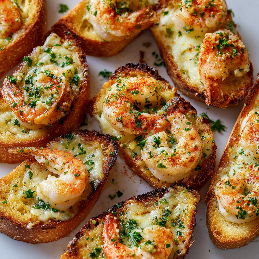 Pain à l'ail avec crevettes gratiné, ultra savoureux et fondant.
