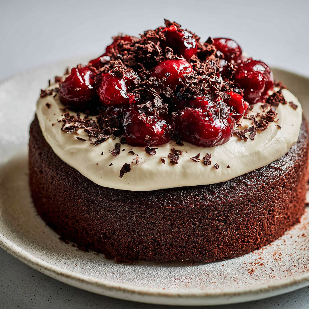 Un délicieux gâteau forêt-noire revisité posé sur un joli plateau.