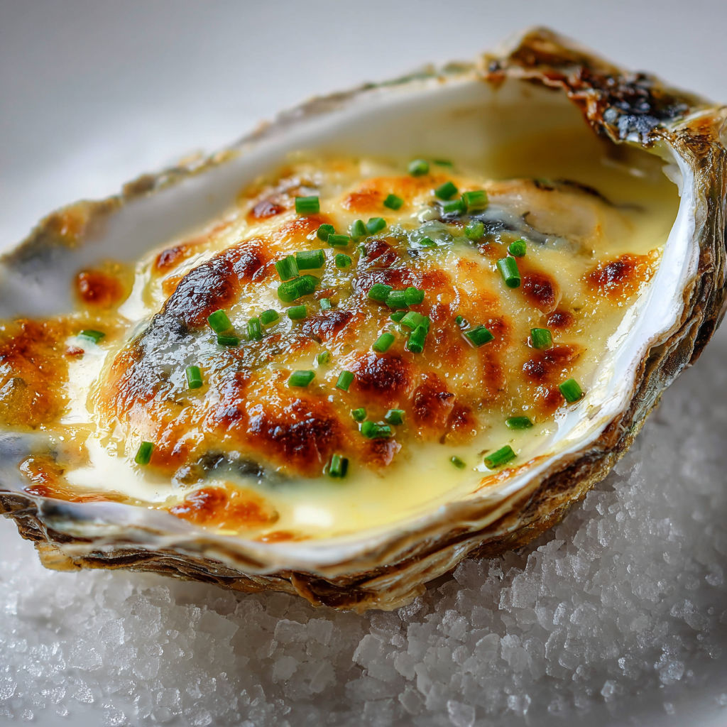 Une huître gratinée nappée de sauce au champagne sur la table.