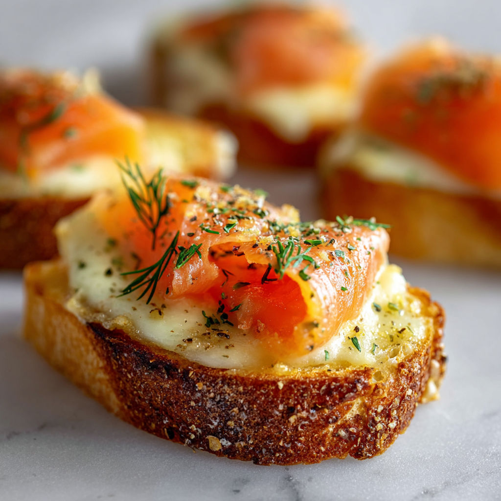 Pain gratiné à l’ail et saumon fumé pour les grandes occasions.
