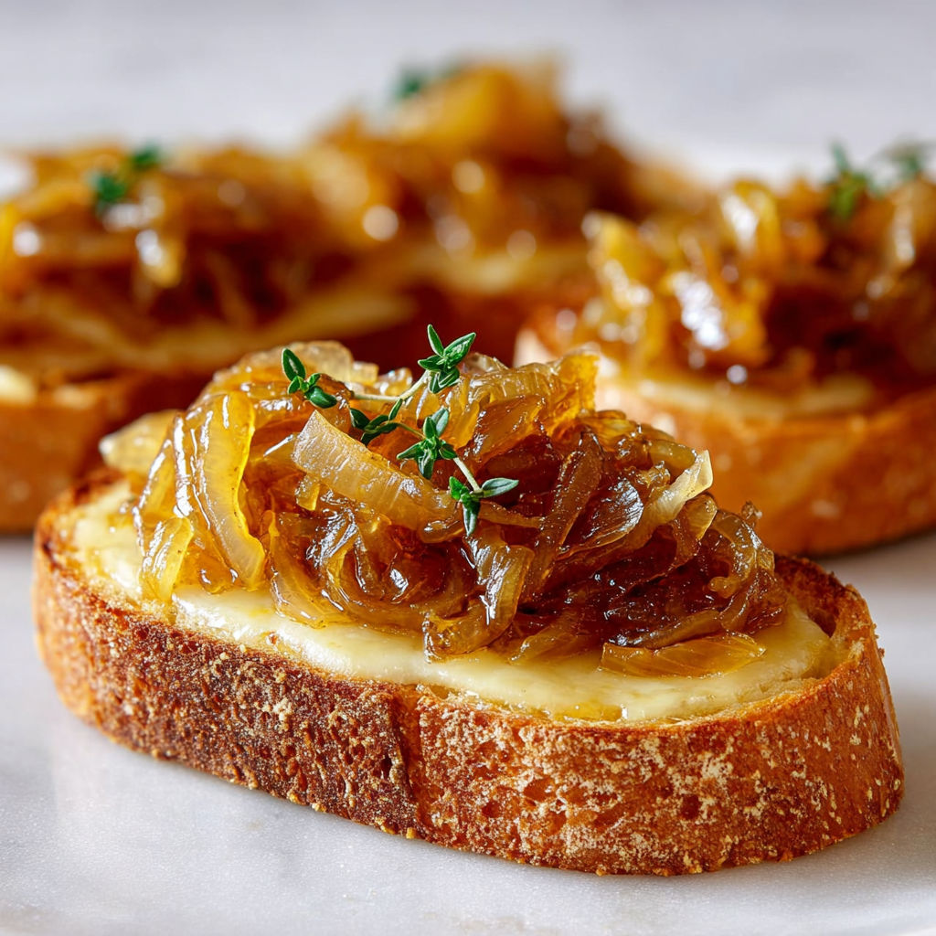 Bruschettas gourmandes oignons caramélisés et gruyère fondant sur pain grillé.