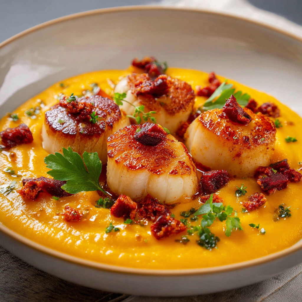 Délicates Saint-Jacques, Crème de Courge et Éclats de Chorizo Doré.