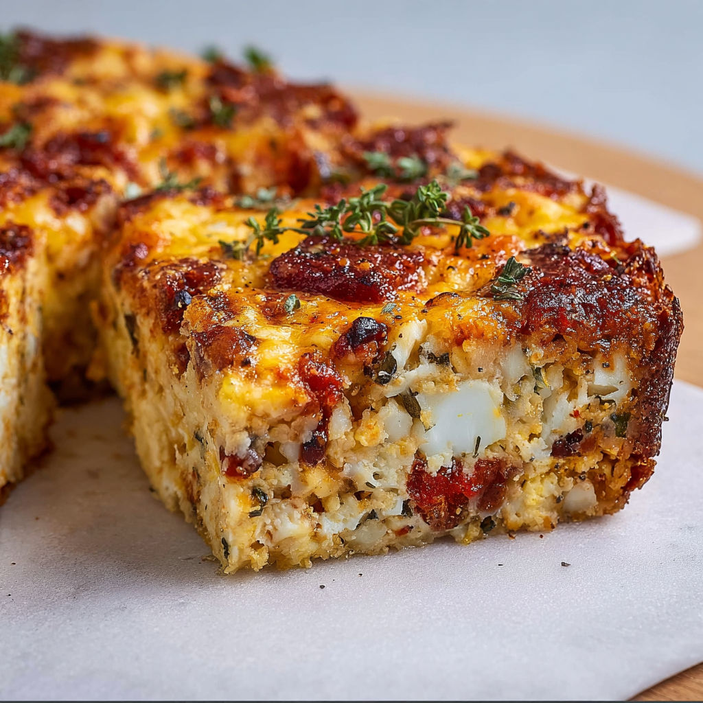 Tranche de brownie salé au chou-fleur et chorizo, parsemée d’herbes et relevée d’épices savoureuses.