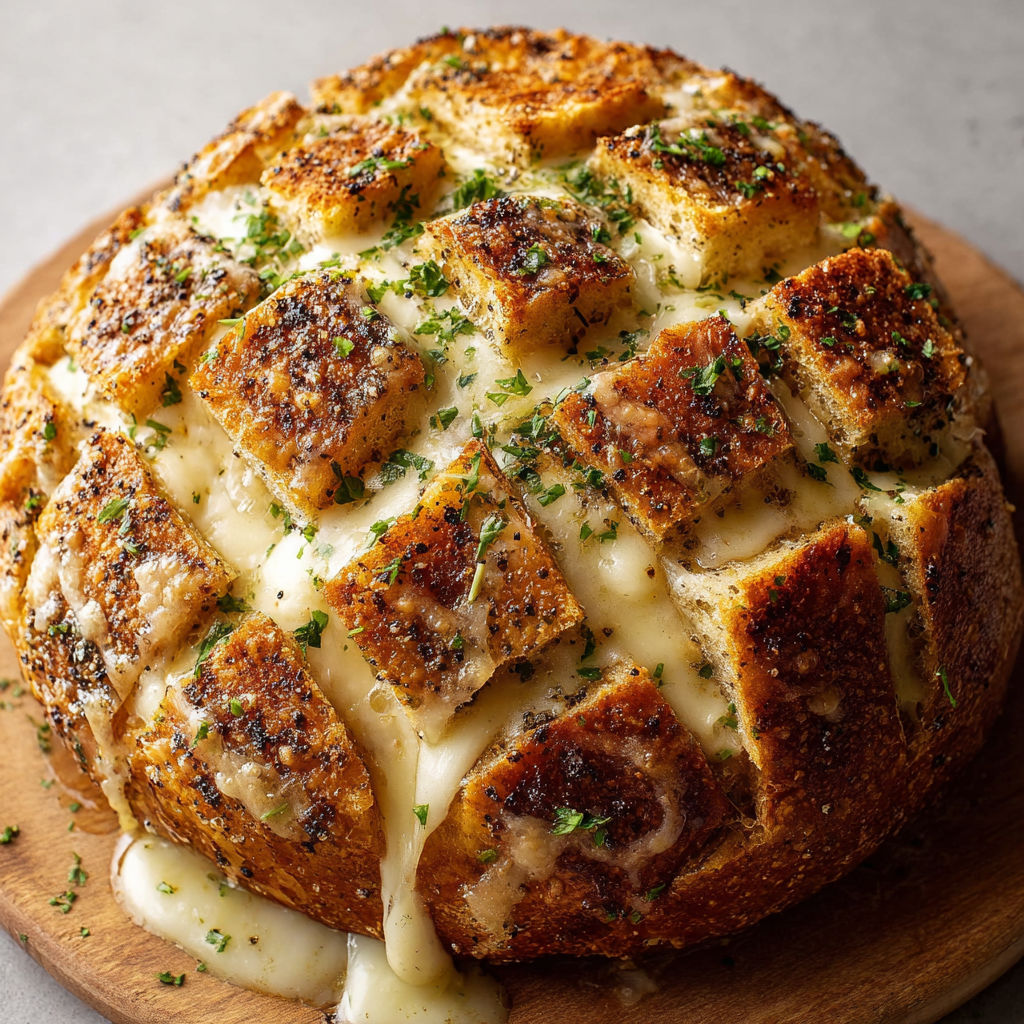 Pain de Noël ultra gourmand garni de mozzarella fondue et de poivre noir sur une planche en bois.