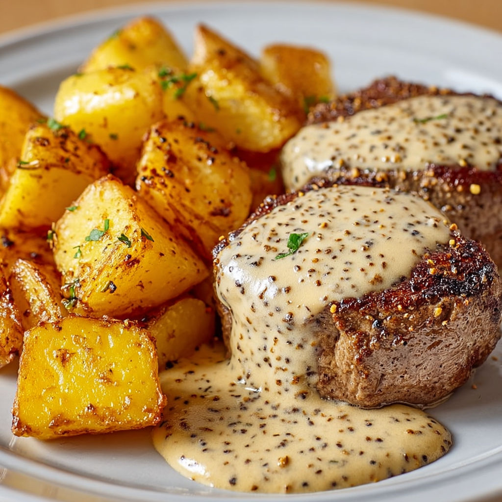 Assiette gourmande de viande poêlée, pommes de terre dorées et généreuse sauce moutarde.