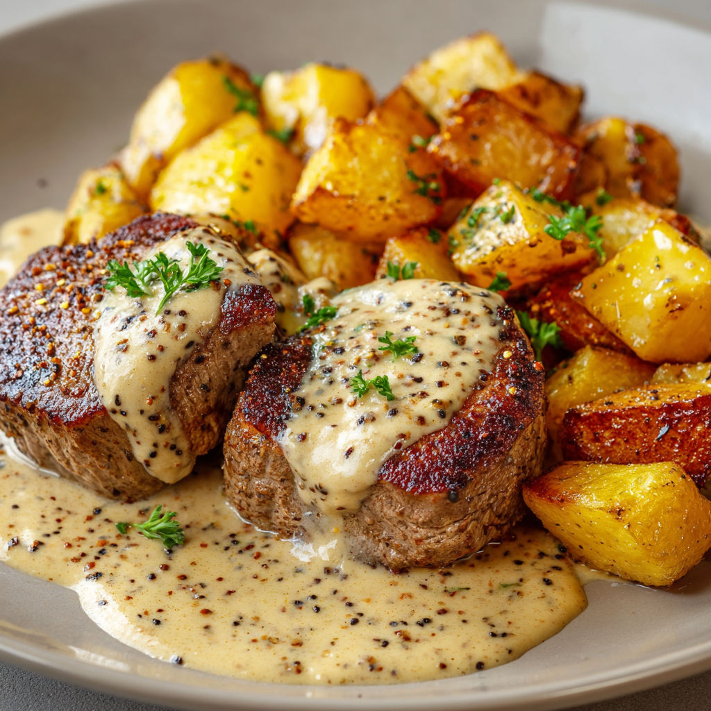 Médaillons tendres sauce moutarde et pommes rissolées comme au bistrot.