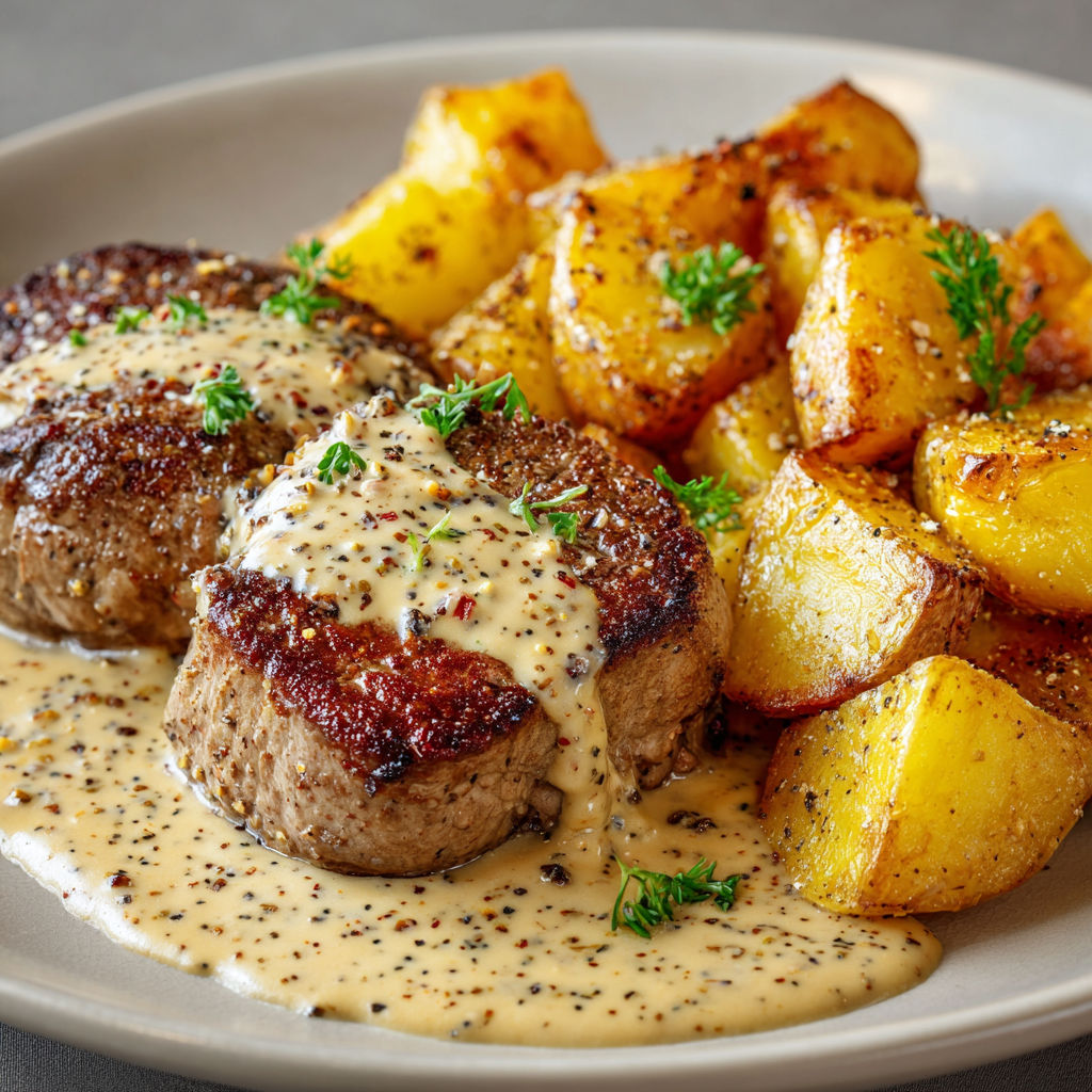 Filet tendre en sauce moutarde avec pommes de terre bien dorées.