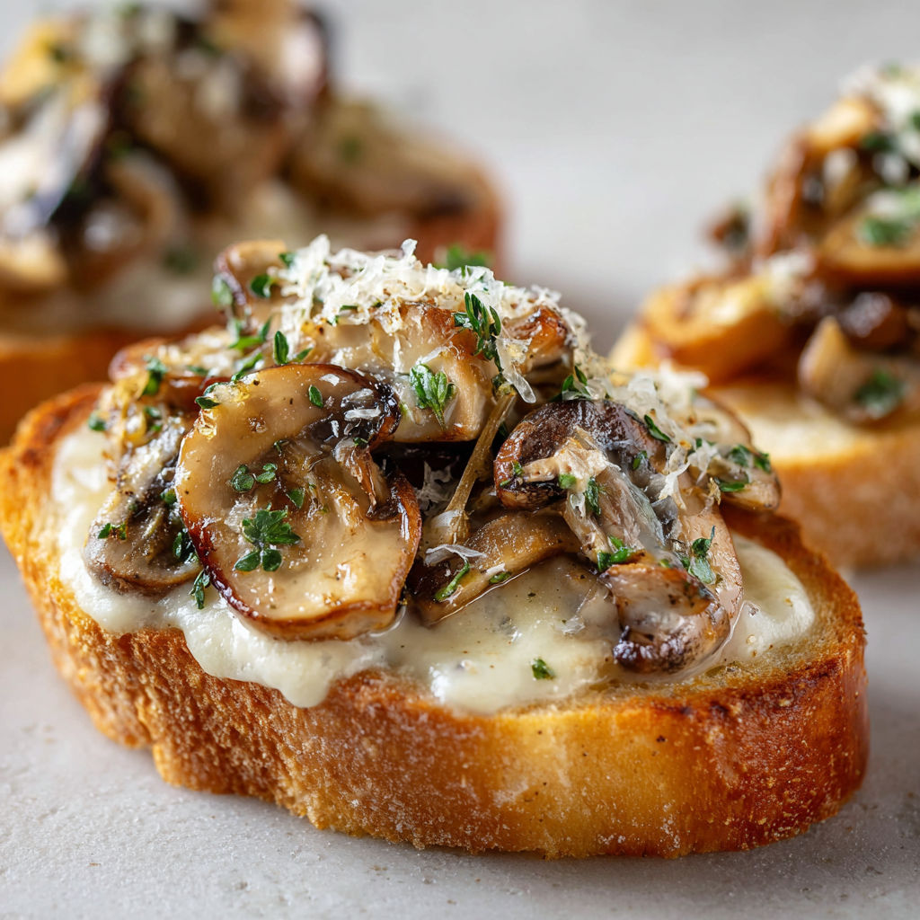 Morceaux de pain gratinés avec champignons à la crème et ail, édition spéciale fêtes.