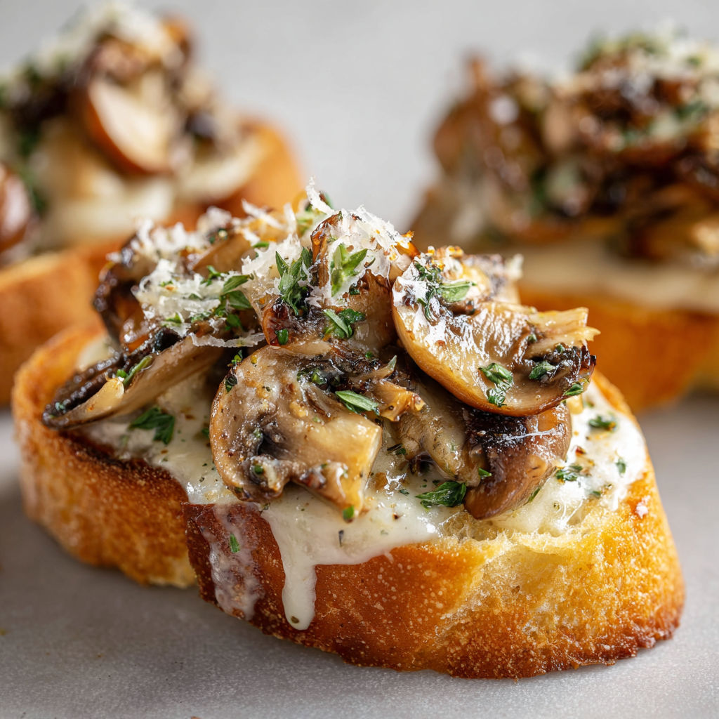 Mini Toasts de Noël : Pain à l’Ail, Crème de Champignons et Parmesan Gratiné.