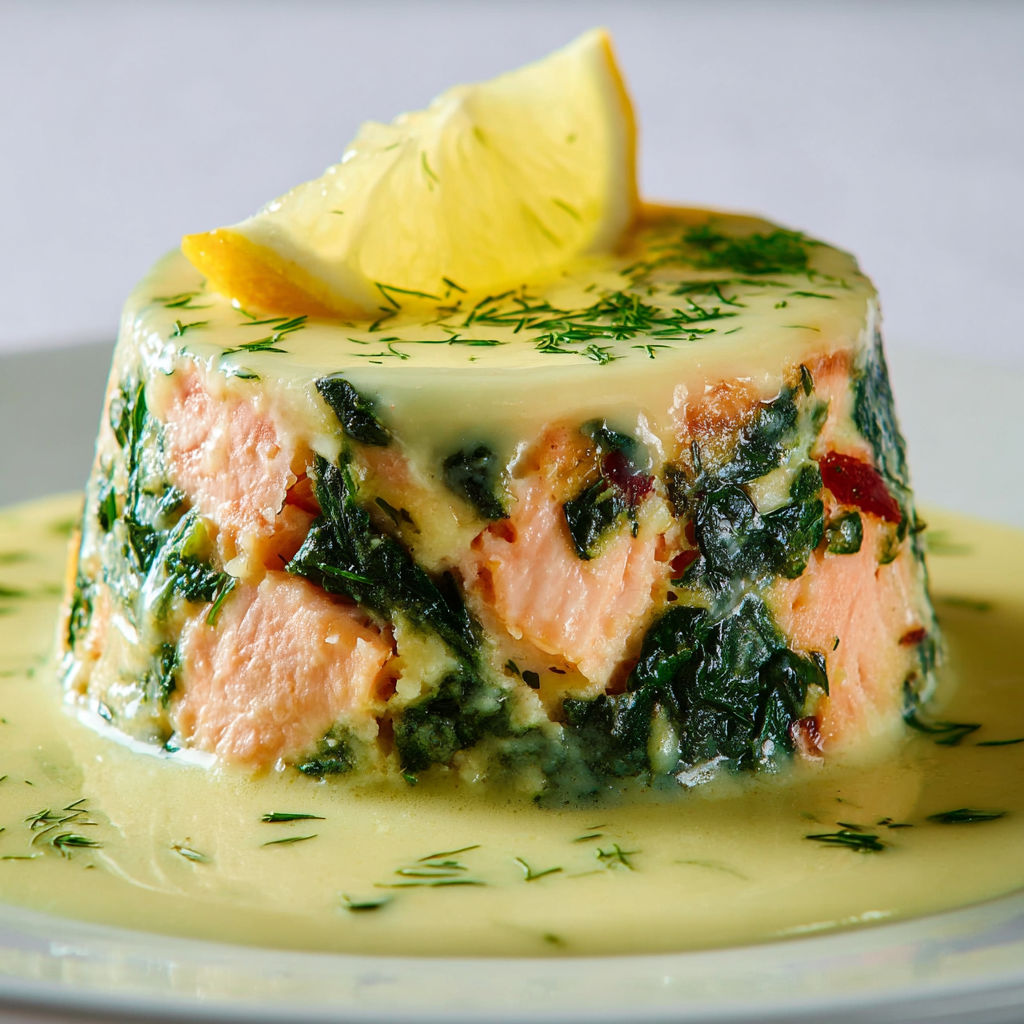 Flan tendre saumon épinards arrosé de sauce citron tendre.
