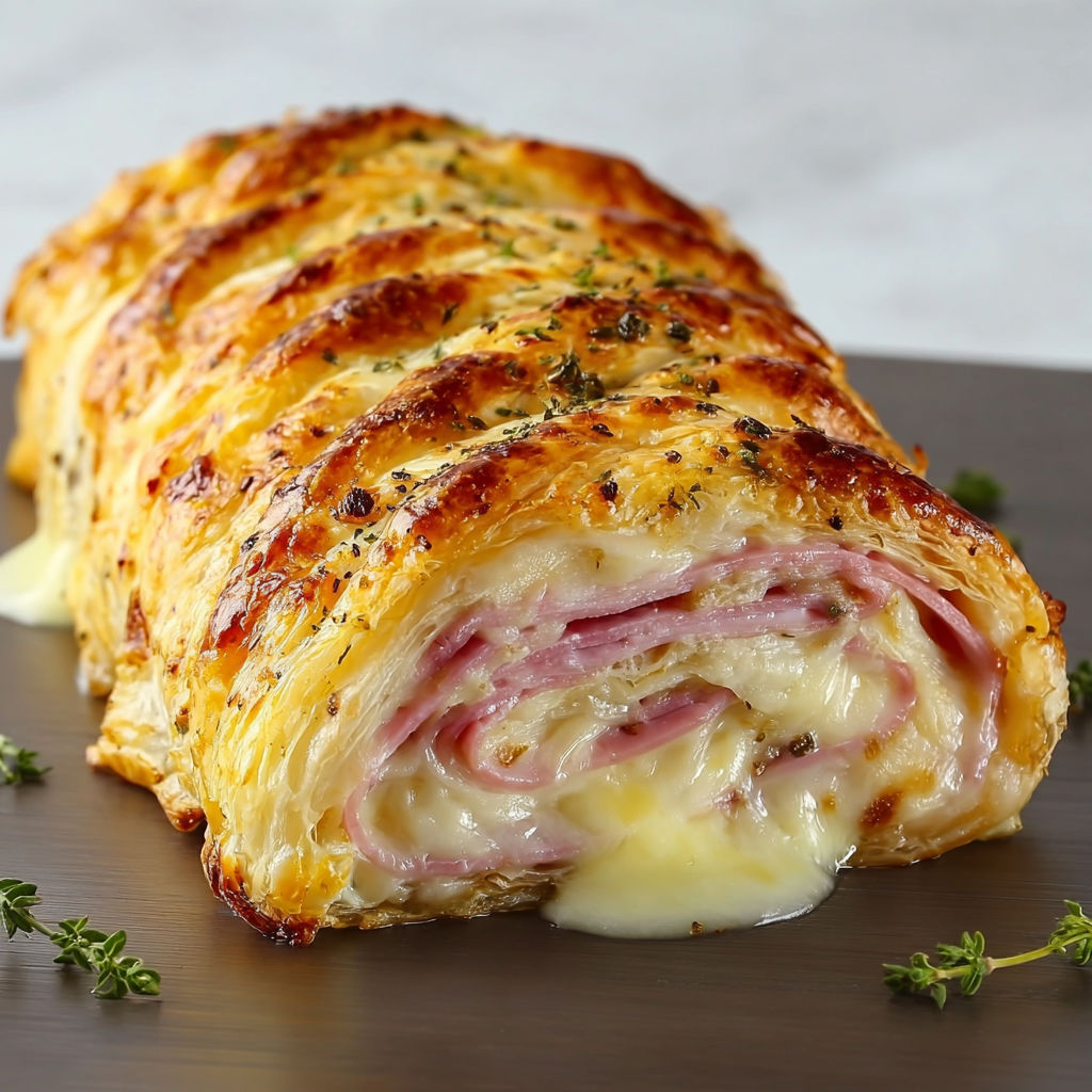 On a envie de croquer dans ce roulé feuilleté tressé jambon-fromage prêt pour la dégustation.
