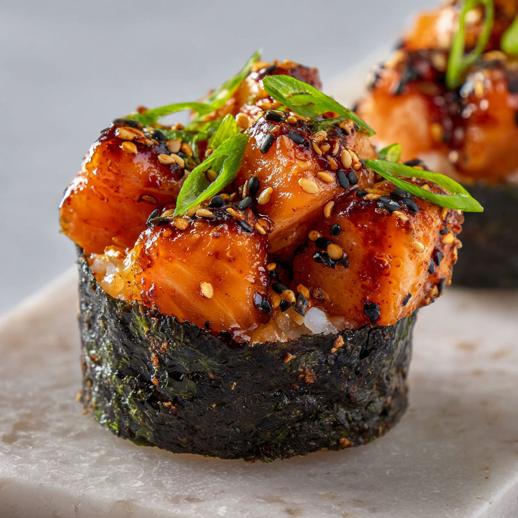 Sushis Cups craquants au Saumon Mariné, hyper colorés et savoureux.