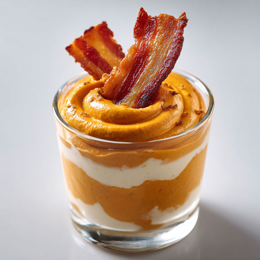 Une verrine garnie de mousse de patate douce surmontée de bacon doré très croustillant.