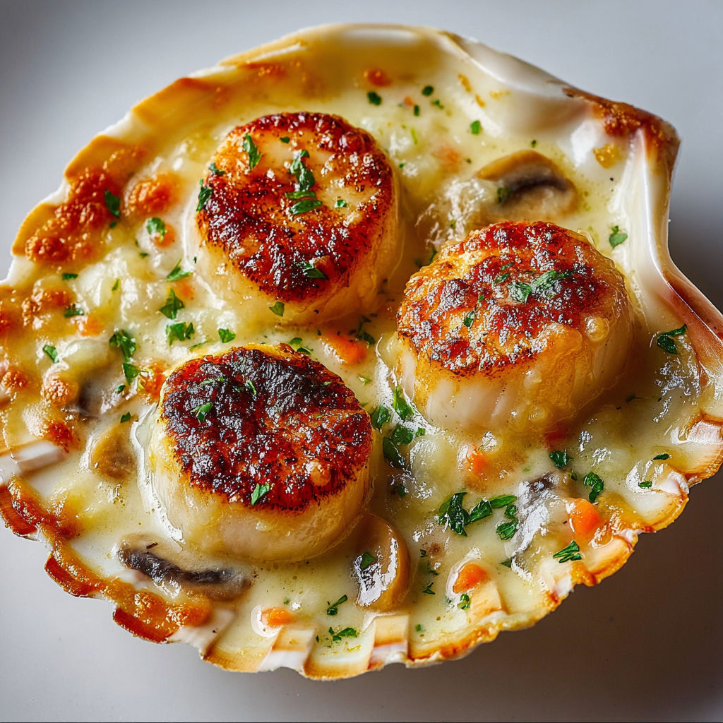 Coquilles Saint-Jacques Gourmandes aux Champignons, Fromage Fondant.