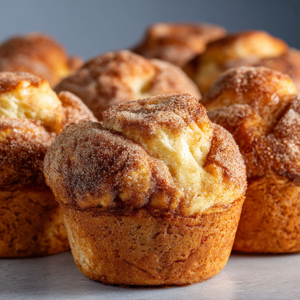 On voit des muffins façon pain perdu avec cannelle et sucre, tout tendres et gourmands, posés sur une table.
